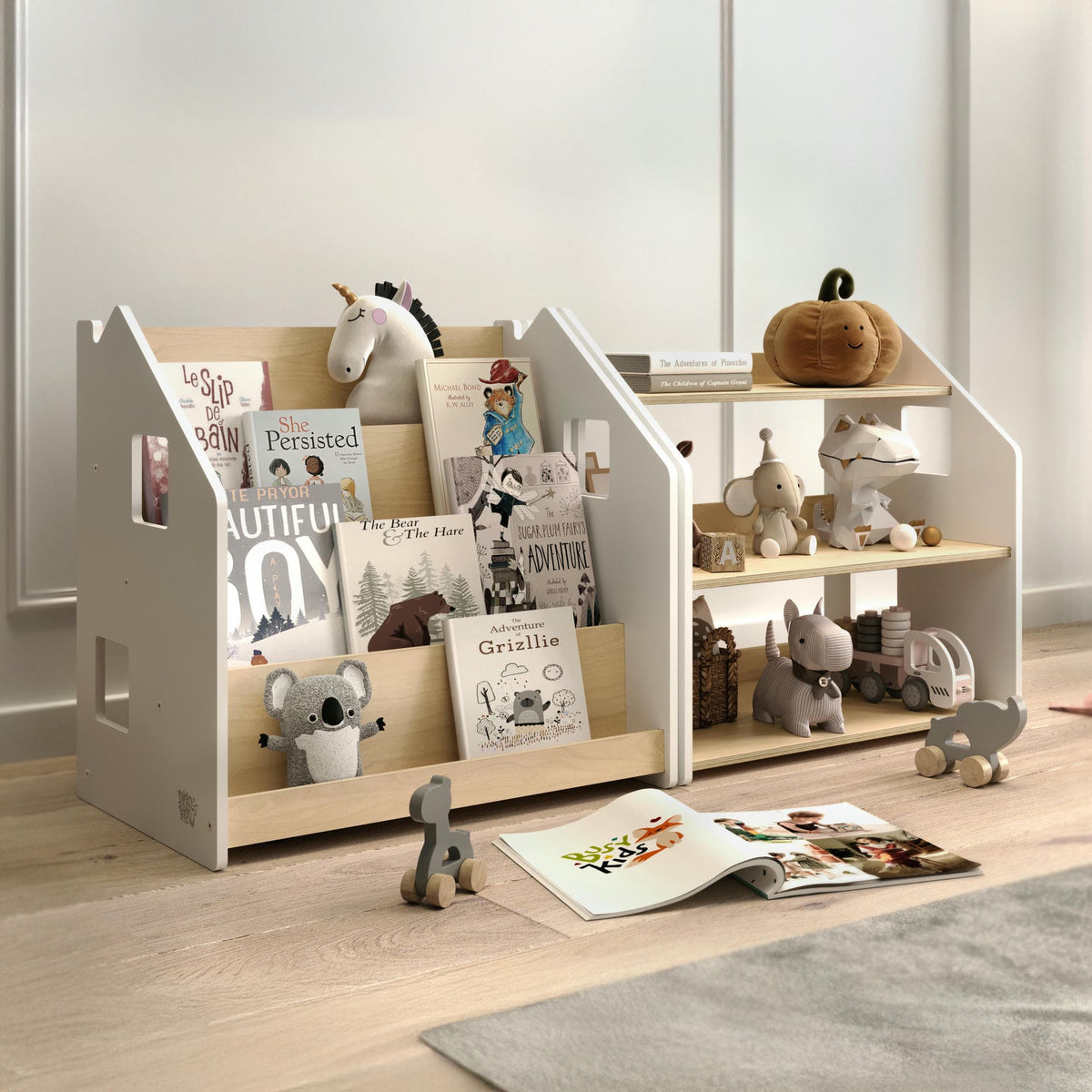 Ensemble - Bibliothèque enfant + Étagère à jouets - Blanc et Gris