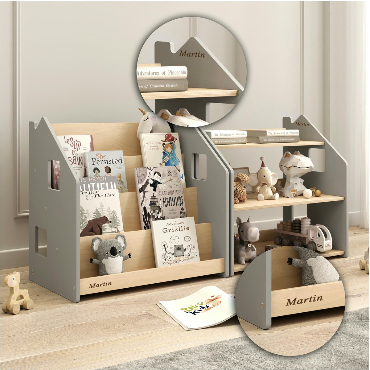 Ensemble - Bibliothèque enfant + Étagère à jouets - Blanc et Gris