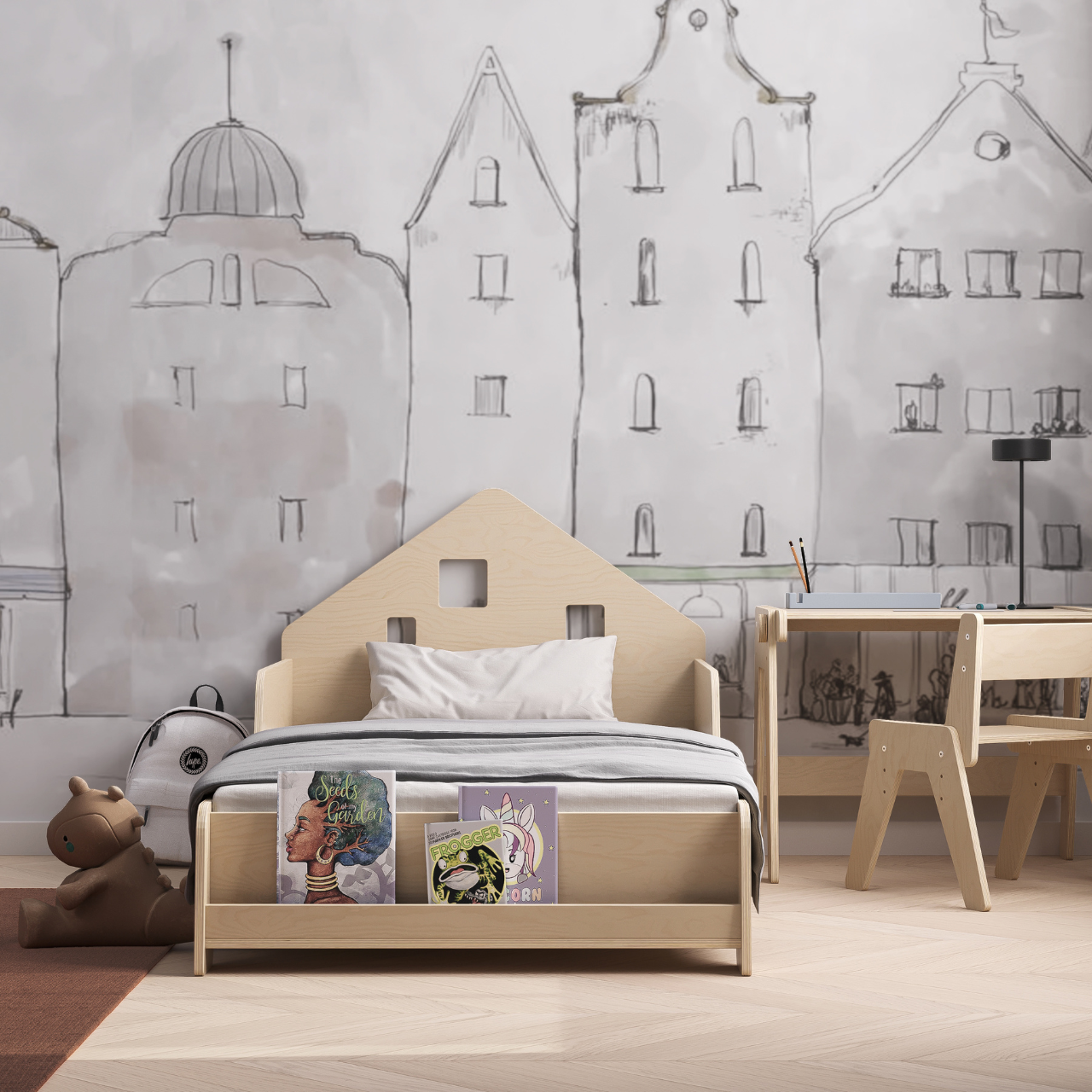 Lit extensible en forme de maison avec éclairage LED