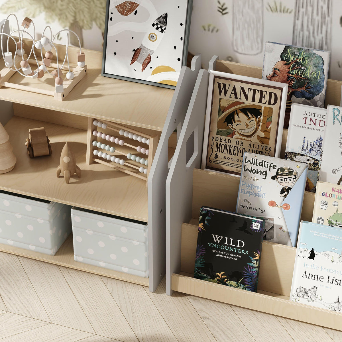 Ensemble - Bibliothèque enfant + Étagère à jouets - Blanc et Gris