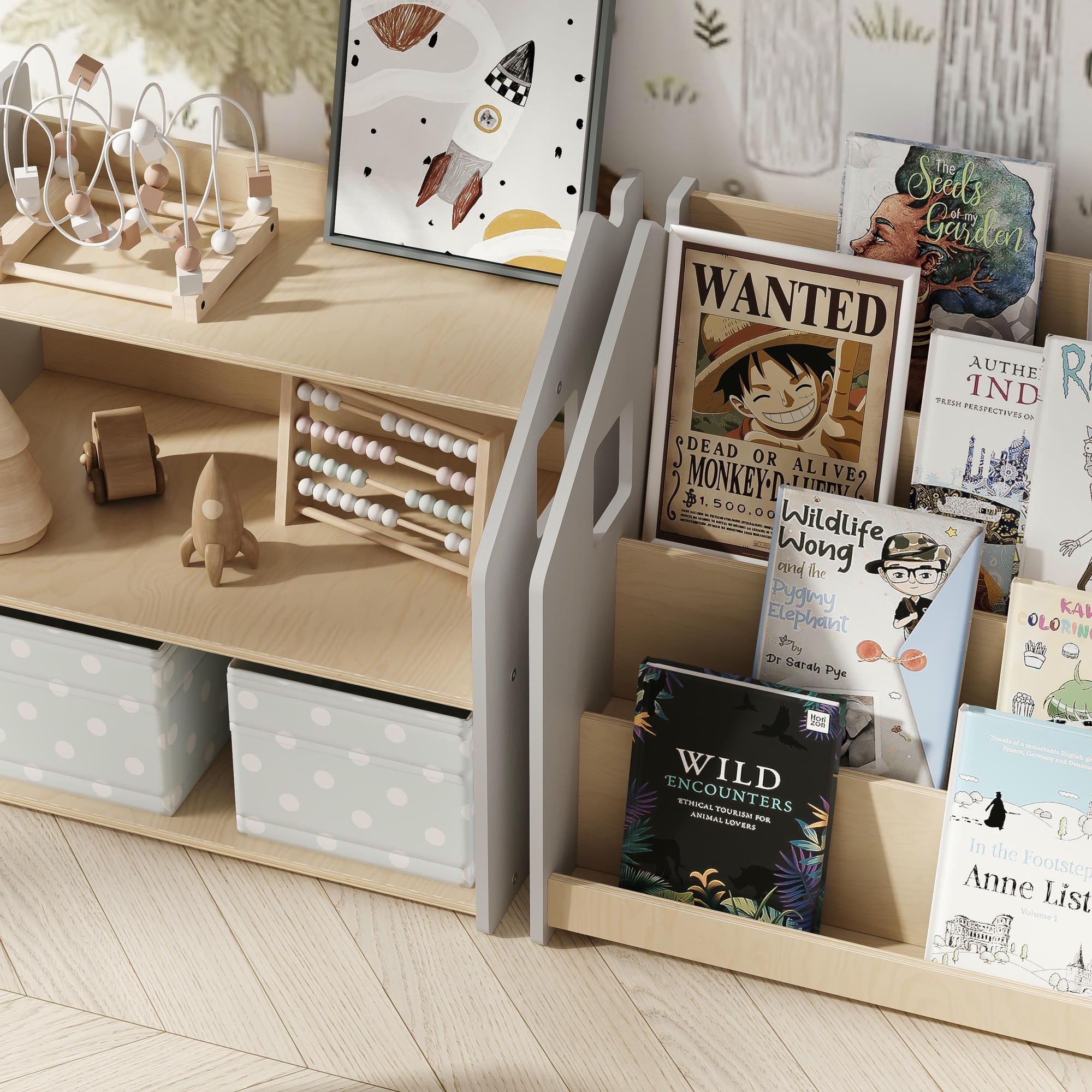 Ensemble - Bibliothèque enfant + Étagère à jouets - Blanc et Gris