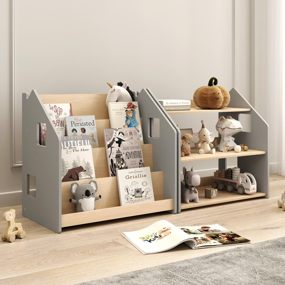 Ensemble - Bibliothèque enfant + Étagère à jouets - Blanc et Gris