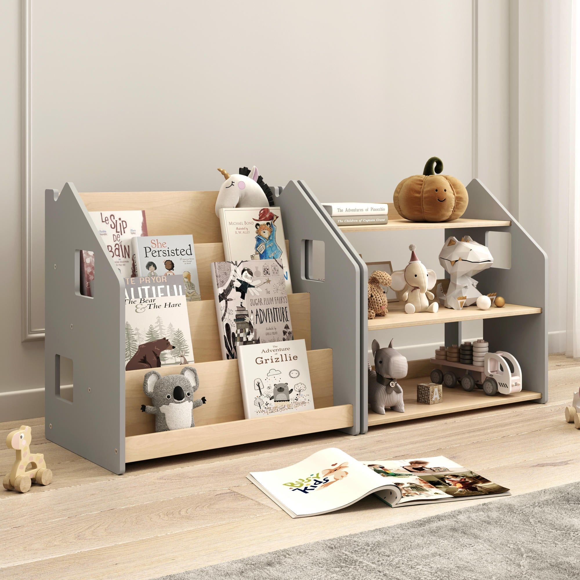 Ensemble - Bibliothèque enfant + Étagère à jouets - Blanc et Gris