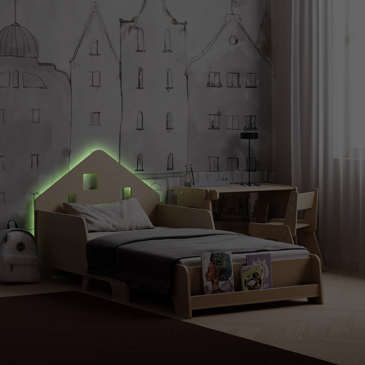 Lit extensible en forme de maison avec éclairage LED