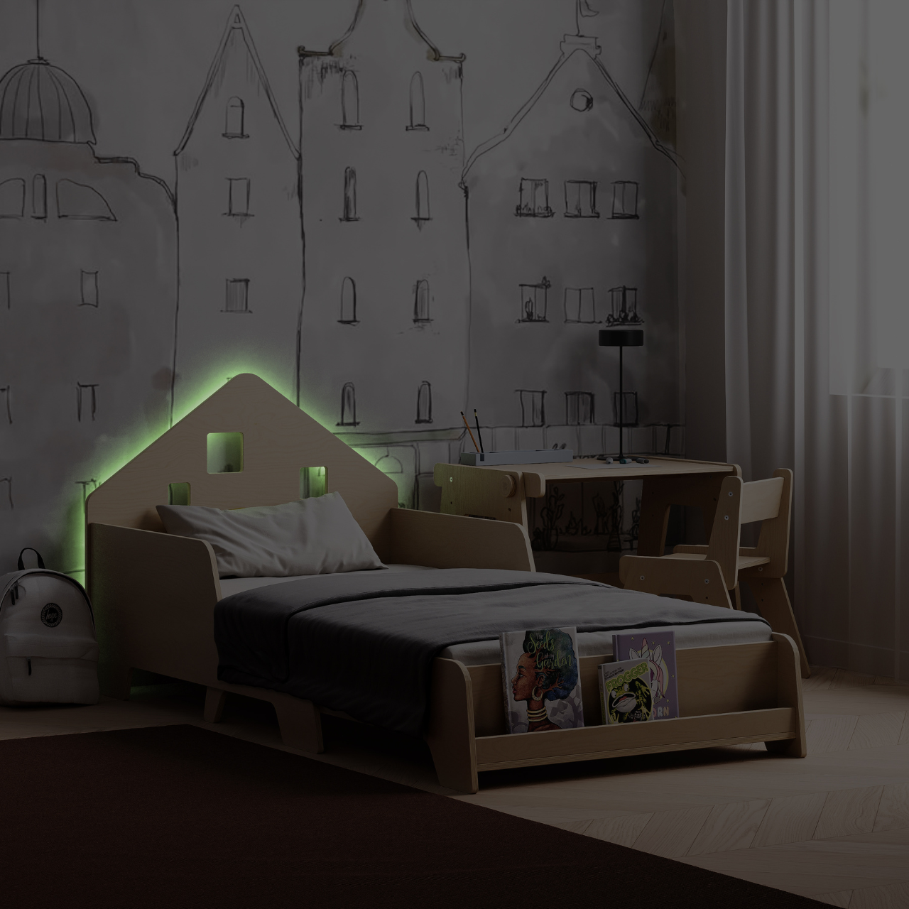 Lit extensible en forme de maison avec éclairage LED