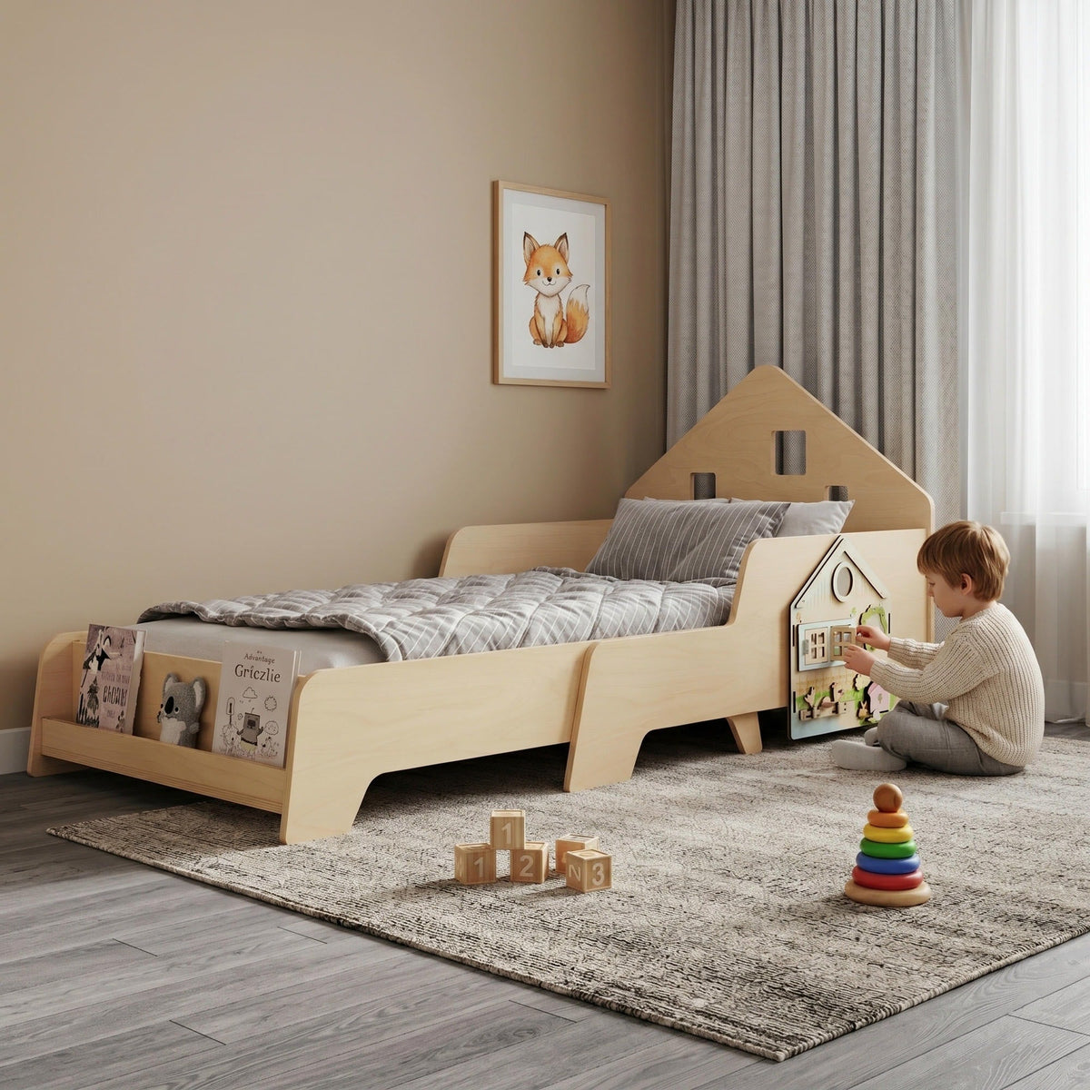 Lit extensible en forme de maison avec éclairage LED