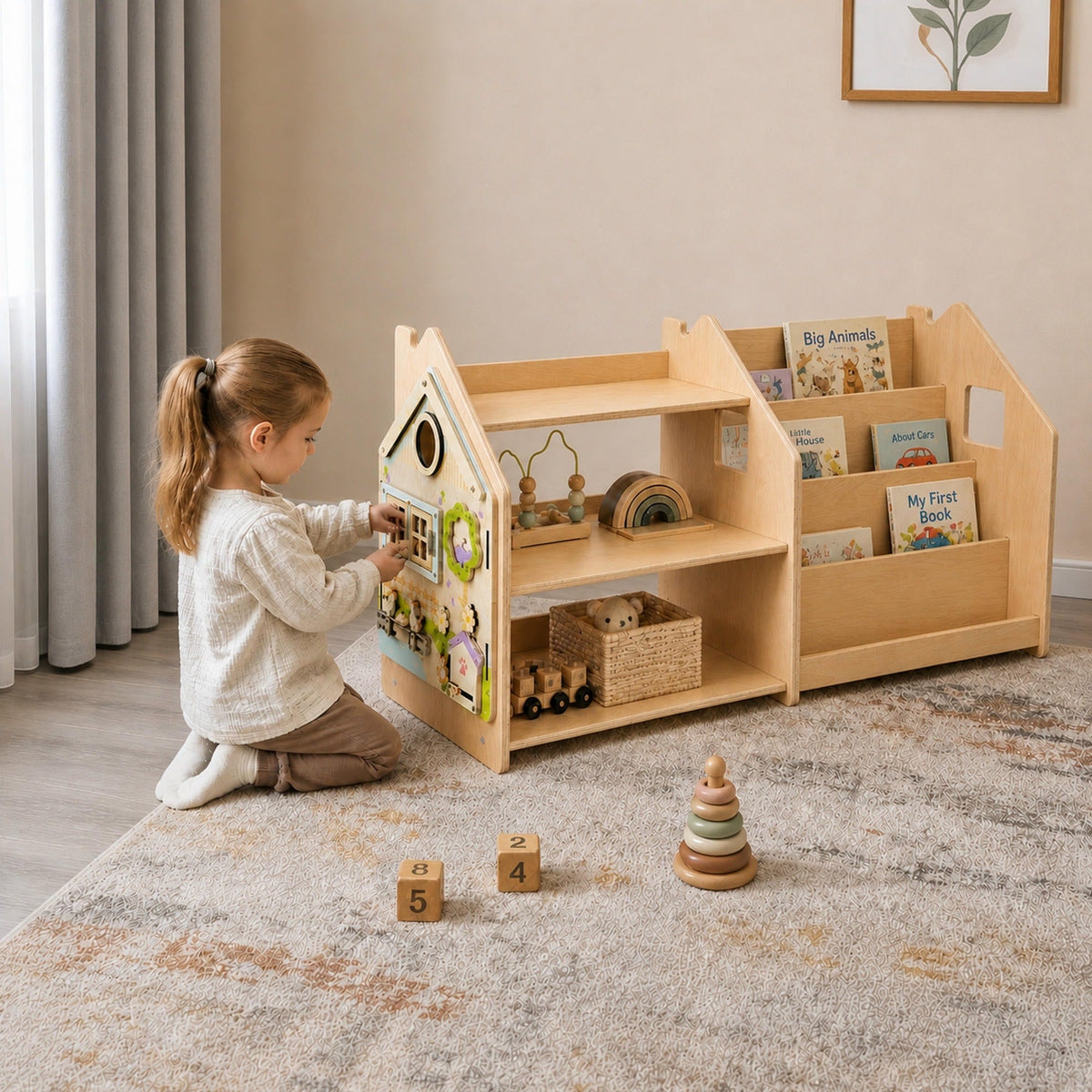 Ensemble - Bibliothèque enfant + Étagère à jouets - Blanc et Gris