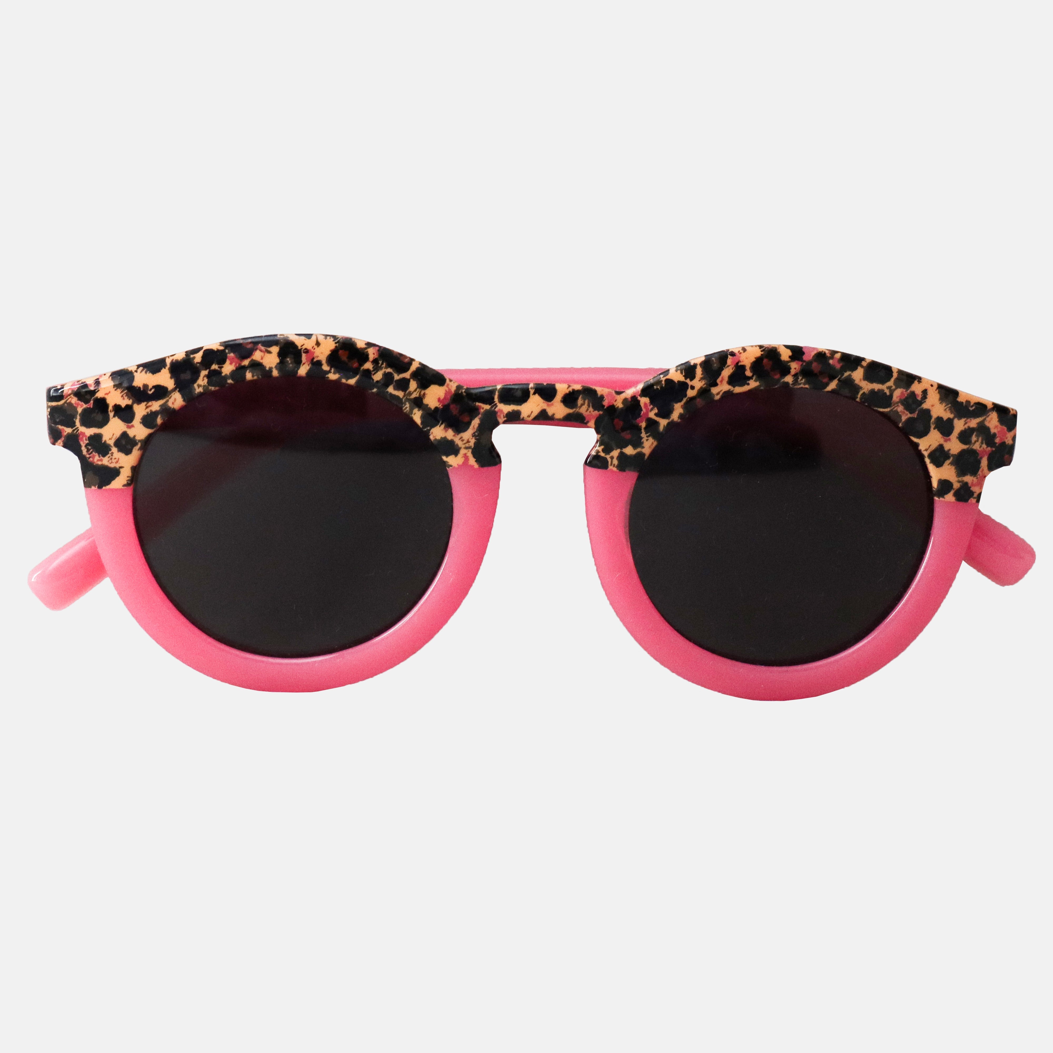 Paire de lunettes de soleil pour enfants catégorie 3, avec monture en TPEE rose avec motif léopard sur le haut