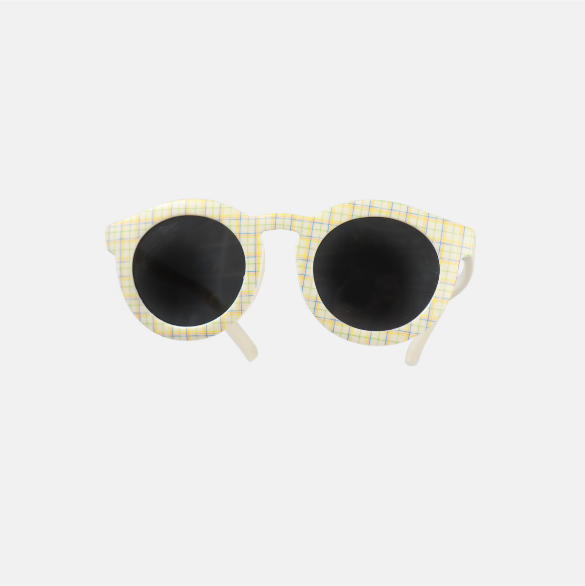 Lunettes de soleil pour adulte avec monture ronde à motif tartan, branches souples créme, et verres noirs polarisés – modèle Hop'Pop CAT3, conçu pour une haute protection anti-UV.