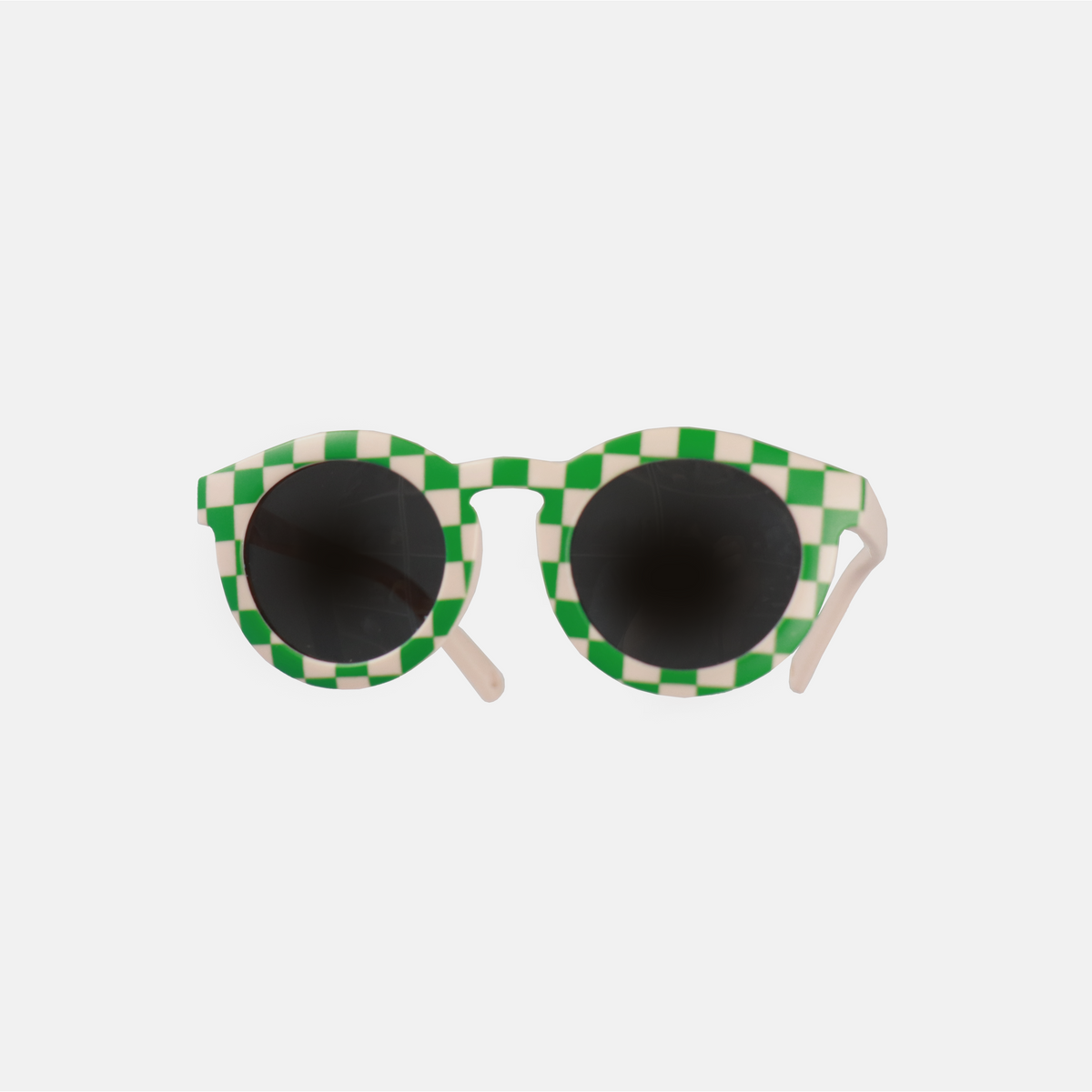Lunettes de soleil pour adulte avec monture ronde à motif vichy vert, branches souples rose, et verres noirs polarisés – modèle Hop'Pop CAT3, conçu pour une haute protection anti-UV.
