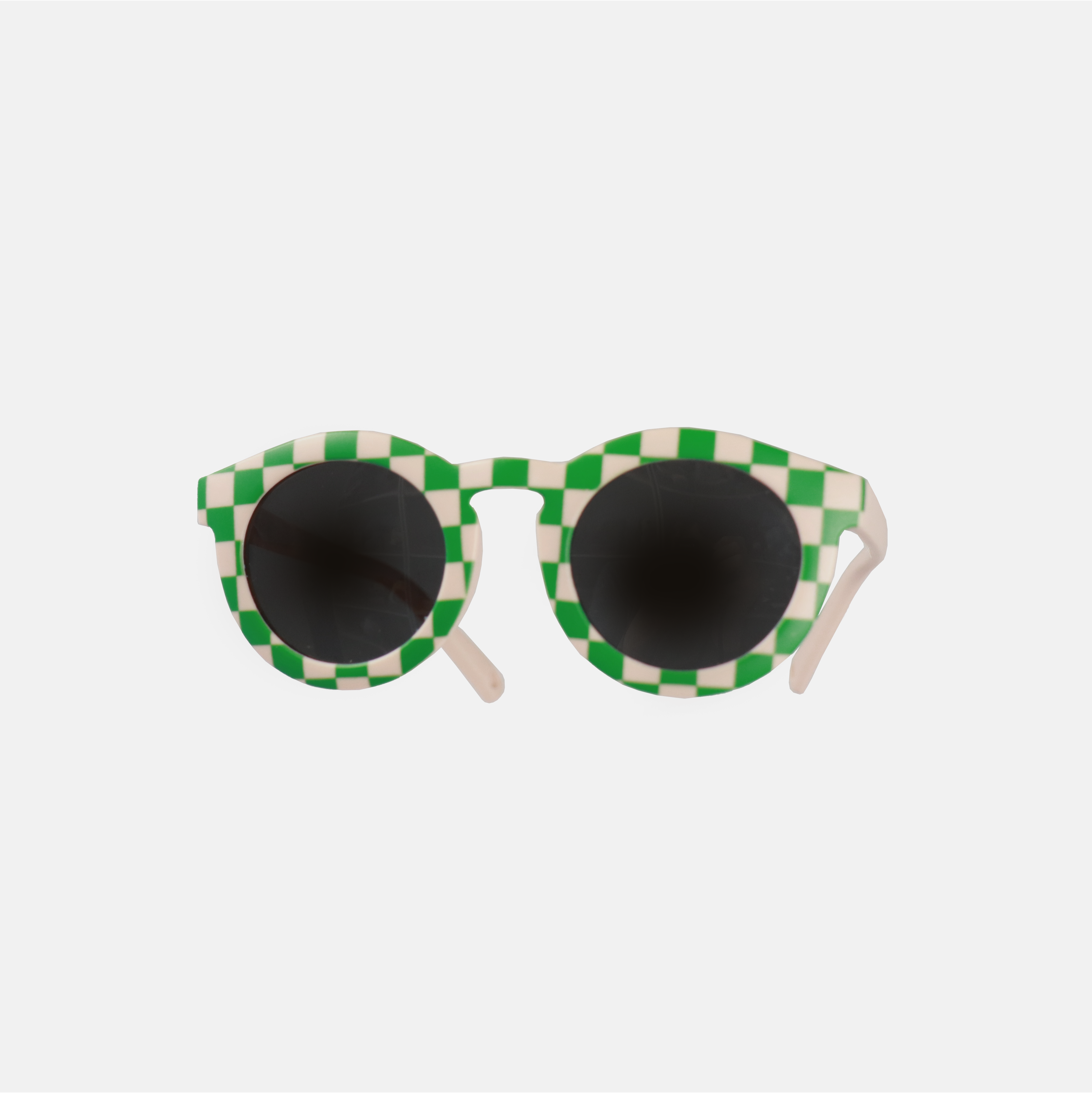 Lunettes de soleil pour adulte avec monture ronde à motif vichy vert, branches souples rose, et verres noirs polarisés – modèle Hop'Pop CAT3, conçu pour une haute protection anti-UV.