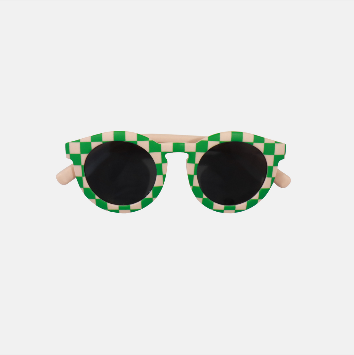 Lunettes de soleil pour adulte avec monture ronde à motif vichy vert et rose, branches souples rose, et verres noirs polarisés – modèle Hop'Pop CAT3, conçu pour une haute protection anti-UV.