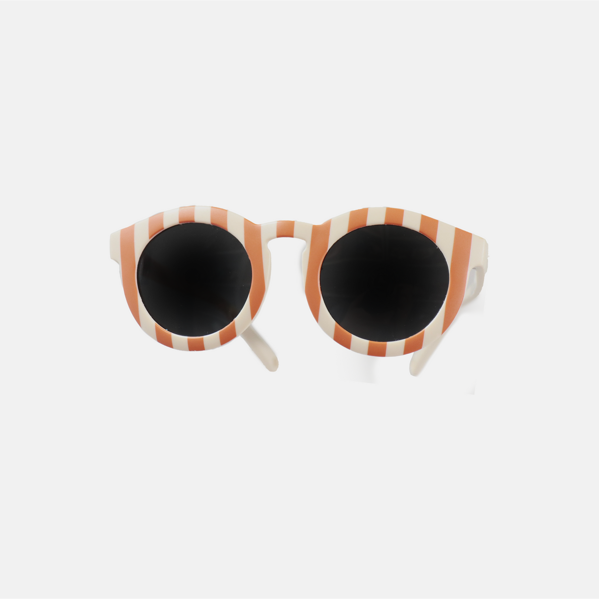 Lunettes de soleil pour adulte avec monture ronde à motif rayée rouge, branches souples créme, et verres noirs polarisés – modèle Hop'Pop CAT3, conçu pour une haute protection anti-UV.