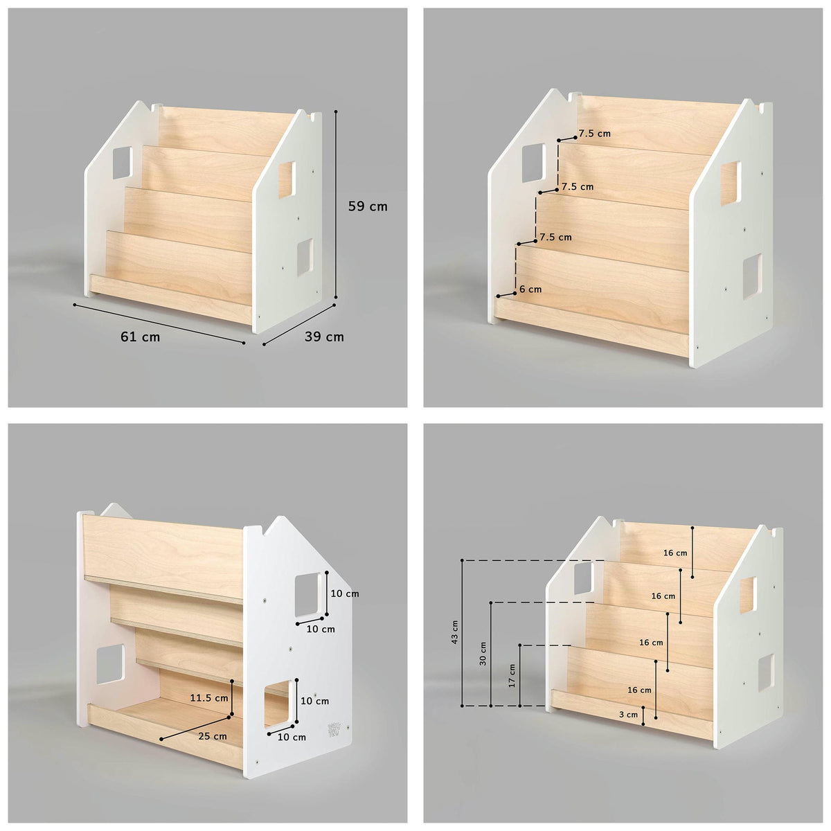 Ensemble - Bibliothèque enfant + Étagère à jouets - Blanc et Gris