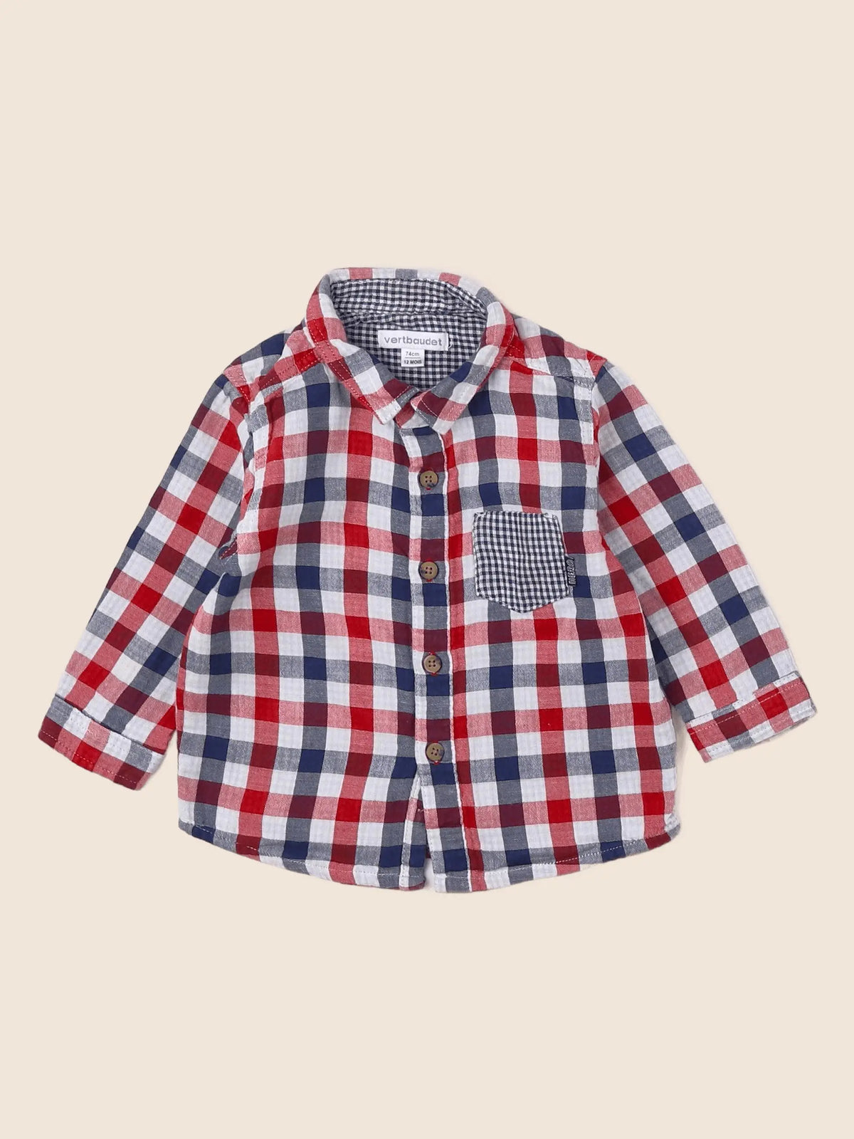 Vertbaudet - chemise bleu, rouge - 12 mois