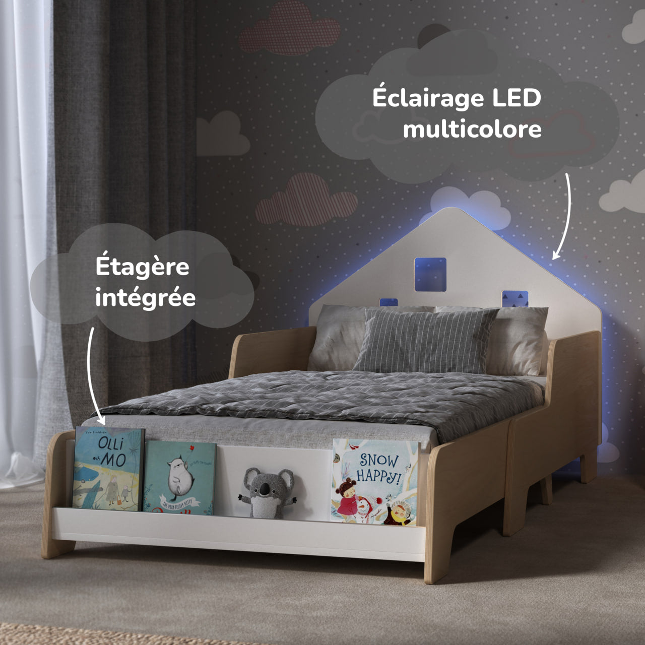 Lit extensible en forme de maison avec éclairage LED