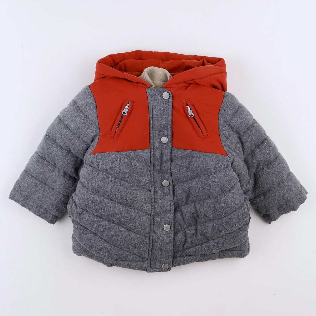 Vertbaudet - doudoune gris, orange - 12 mois