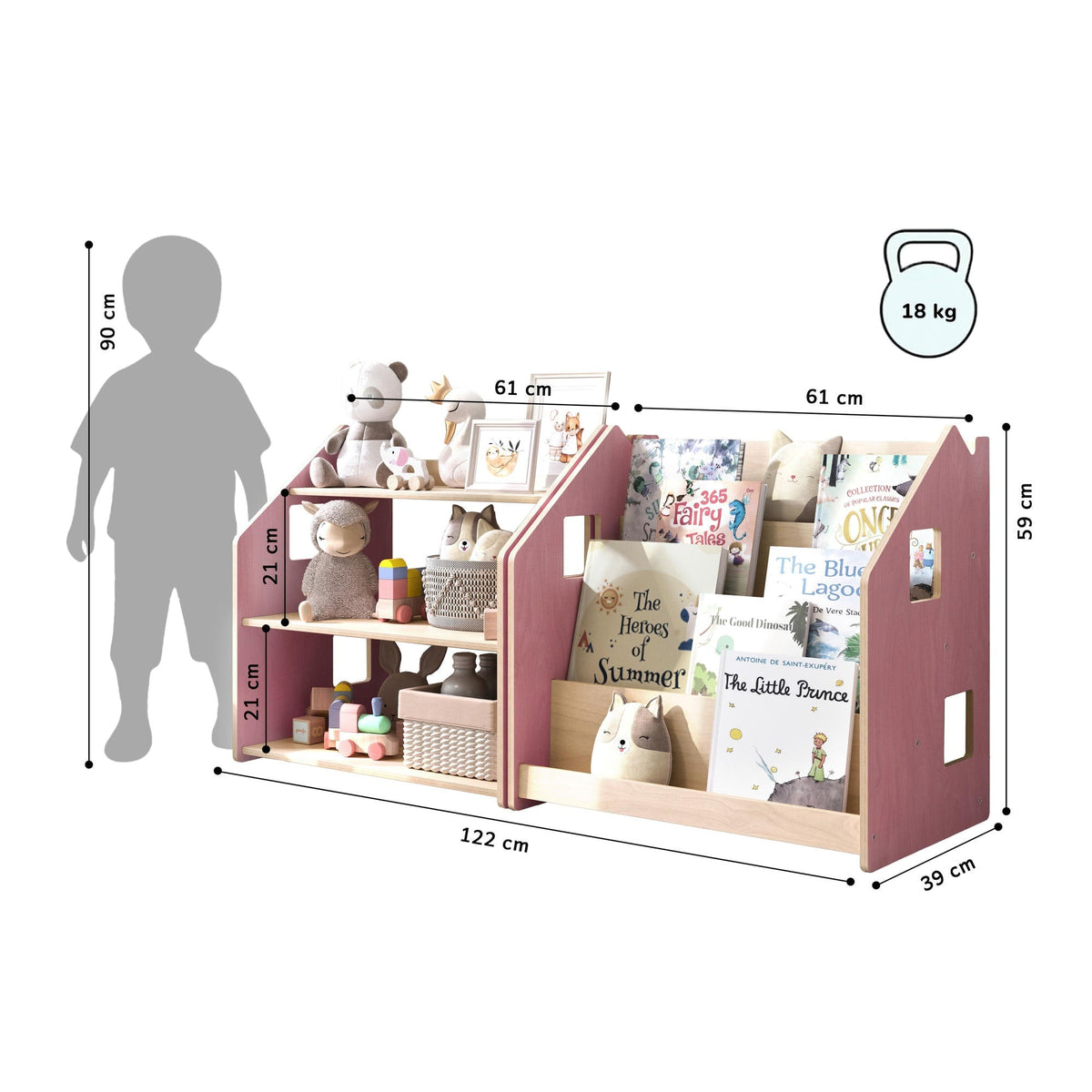 Ensemble - Bibliothèque enfant + Étagère à jouets - Couleur bleu clair / rose